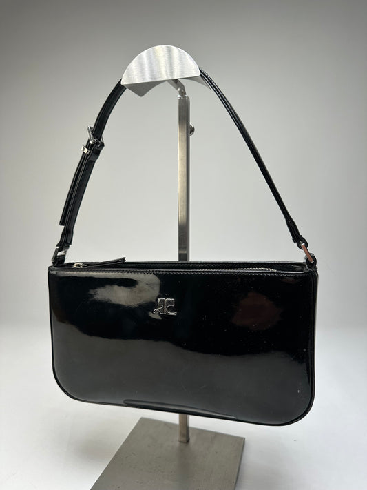 Vintage Courreges Patent Leather Clutch Bag Black Silver