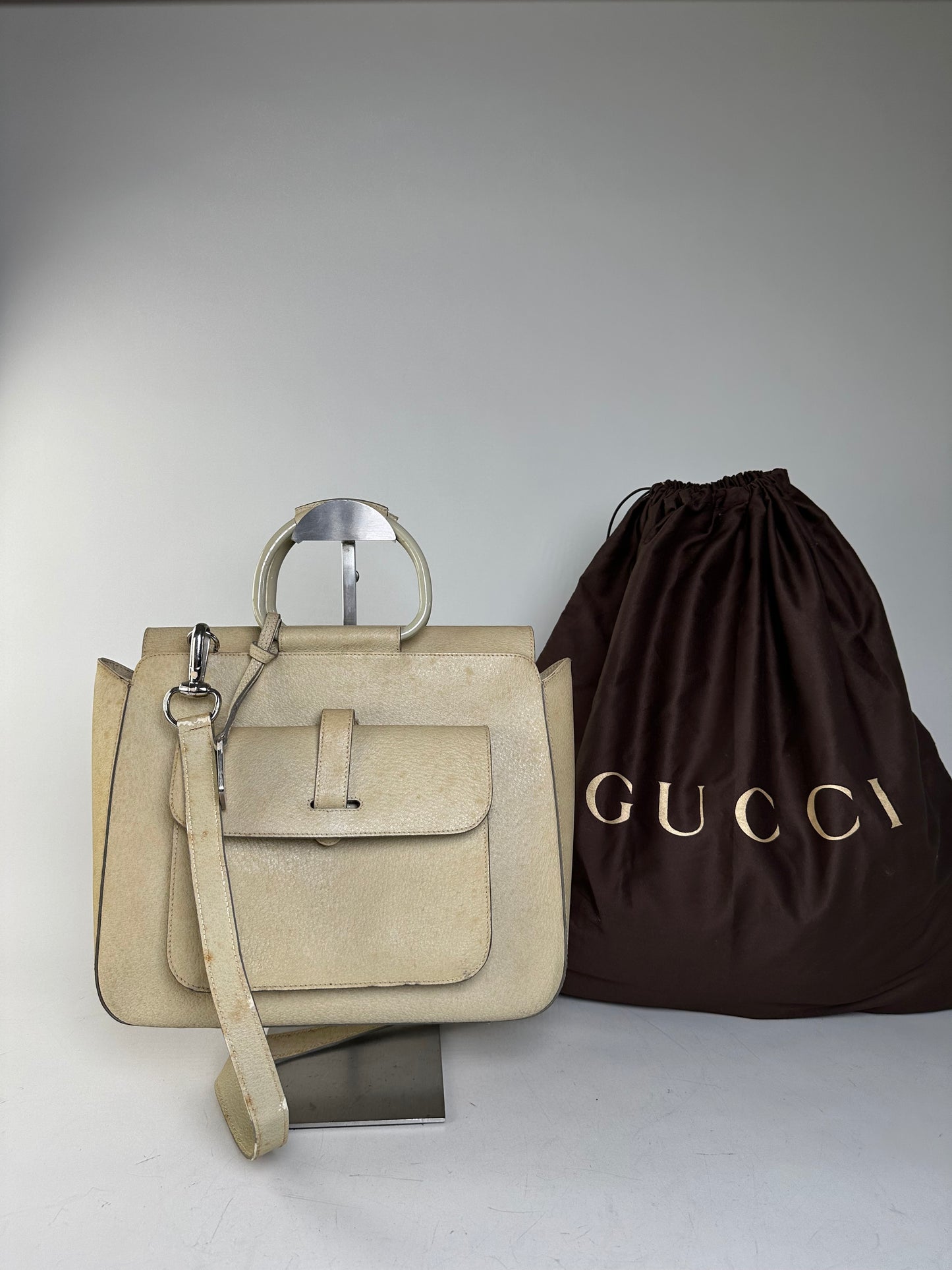 Vintage Gucci Leather Shoulder Bag Cream Silver