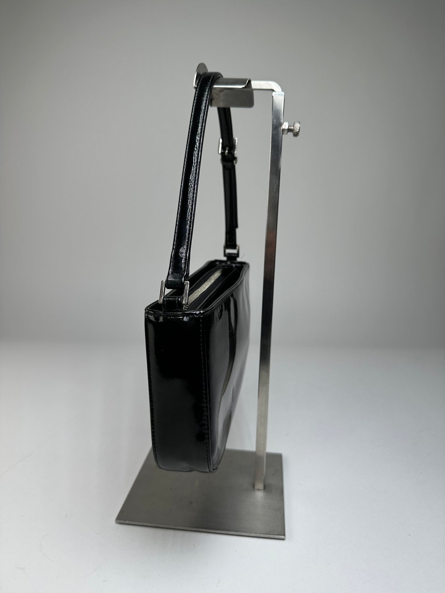 Vintage Courreges Patent Leather Clutch Bag Black Silver
