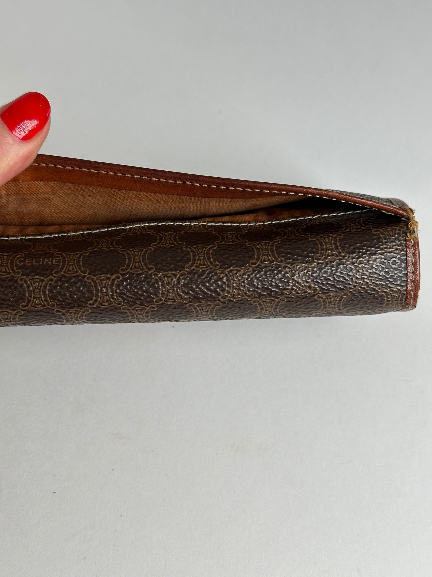 Vintage Celine Paris Triomphe Monogram Leather Long Wallet Brown