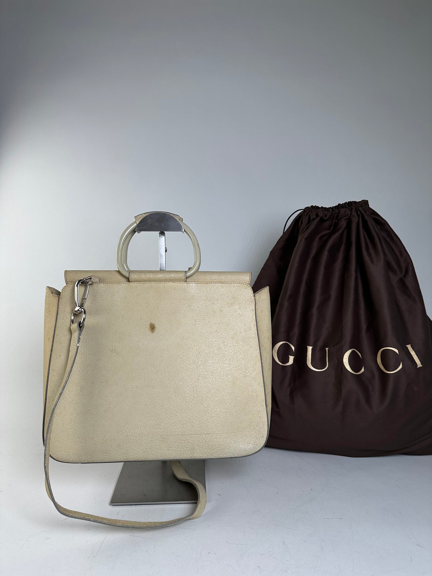 Vintage Gucci Leather Shoulder Bag Cream Silver