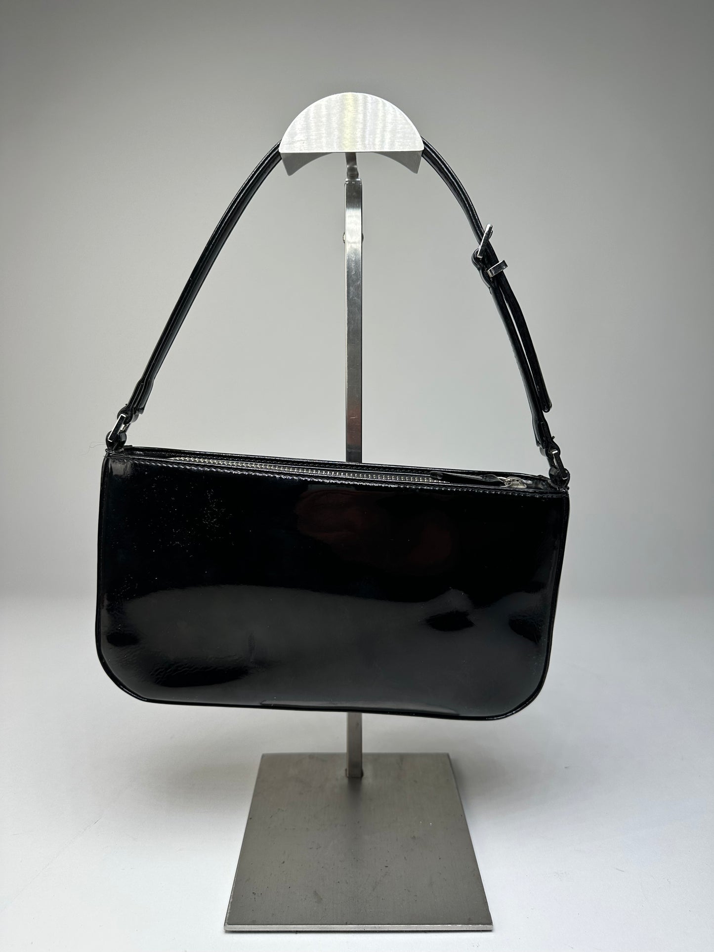 Vintage Courreges Patent Leather Clutch Bag Black Silver