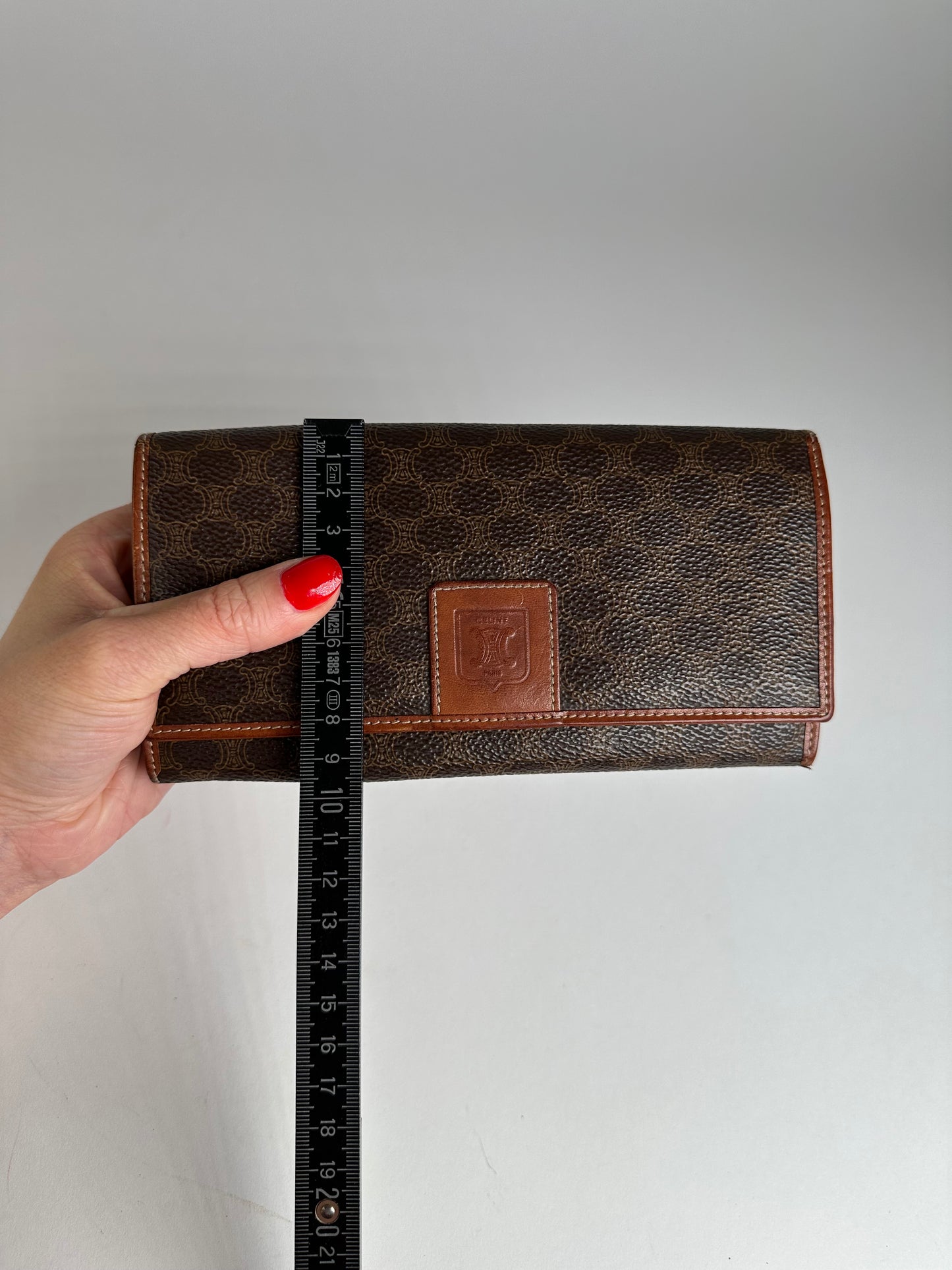 Vintage Celine Paris Triomphe Monogram Leather Long Wallet Brown