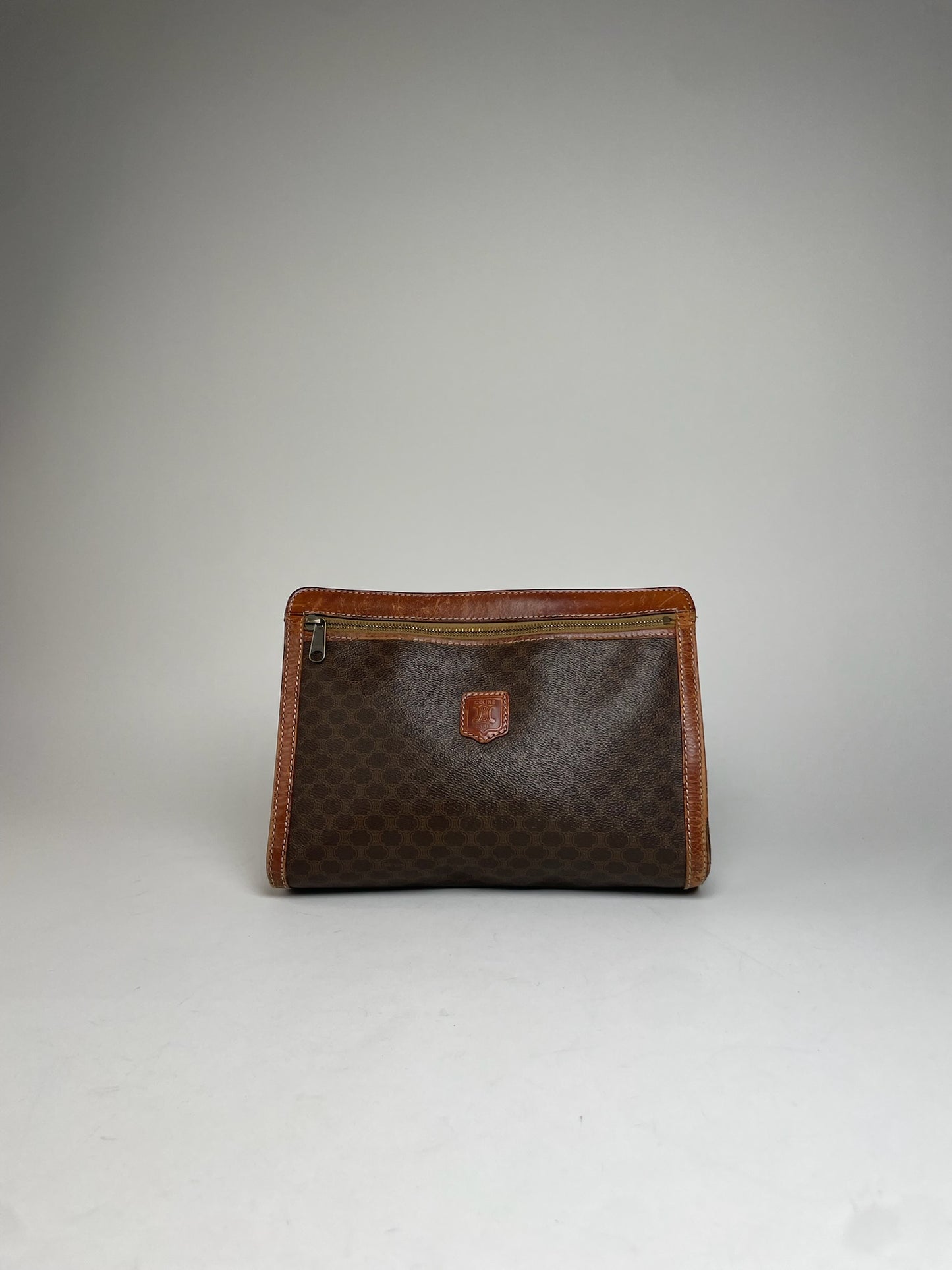 Vintage Celine Paris Triomphe Monogram Leather Clutch Brown