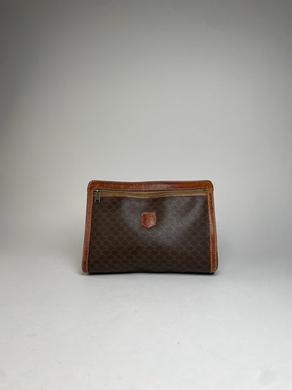 Vintage Celine Paris Triomphe Monogram Leather Clutch Brown