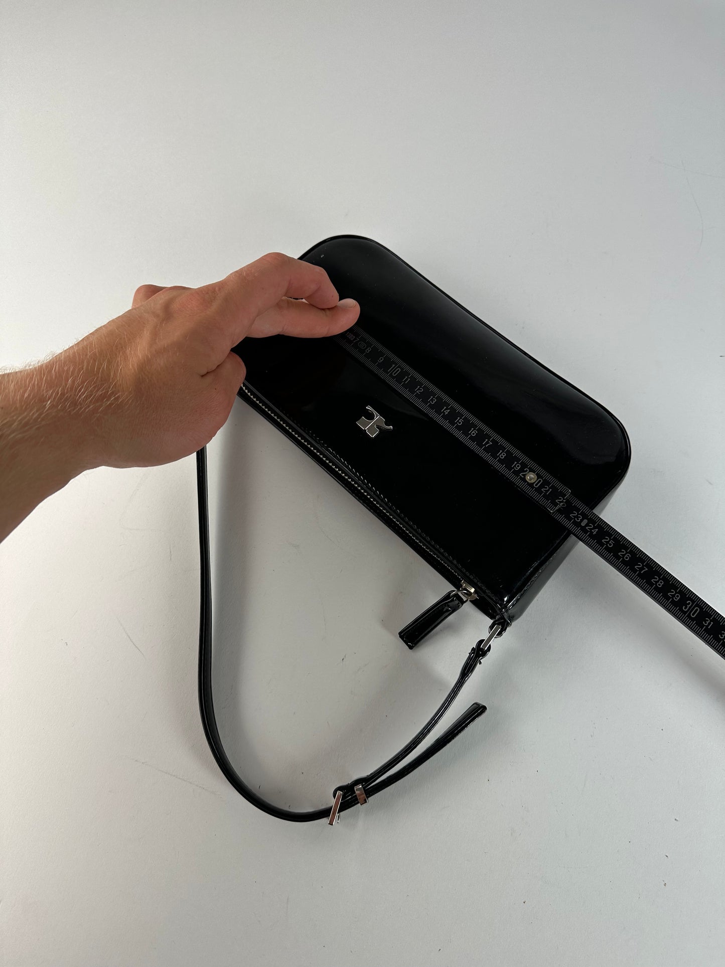 Vintage Courreges Patent Leather Clutch Bag Black Silver