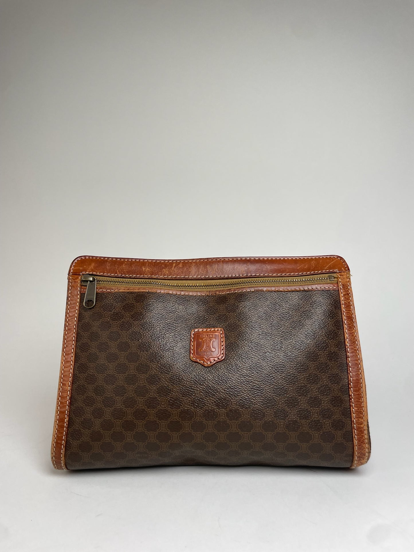 Vintage Celine Paris Triomphe Monogram Leather Clutch Brown