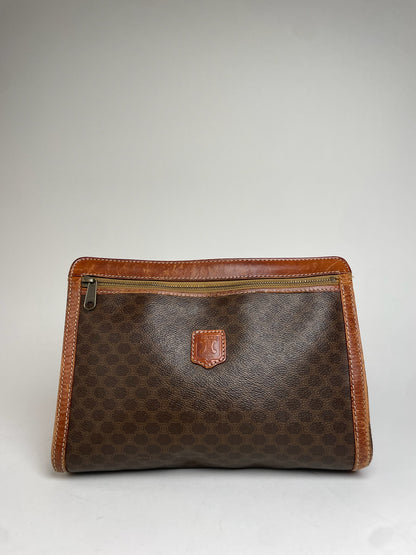 Vintage Celine Paris Triomphe Monogram Leather Clutch Brown