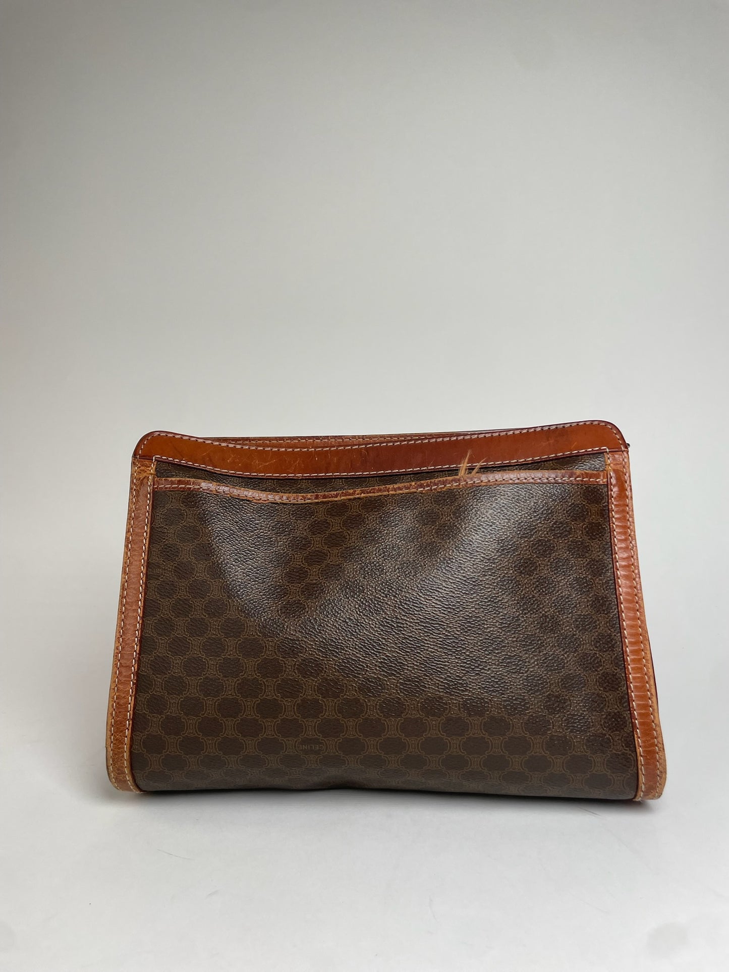 Vintage Celine Paris Triomphe Monogram Leather Clutch Brown