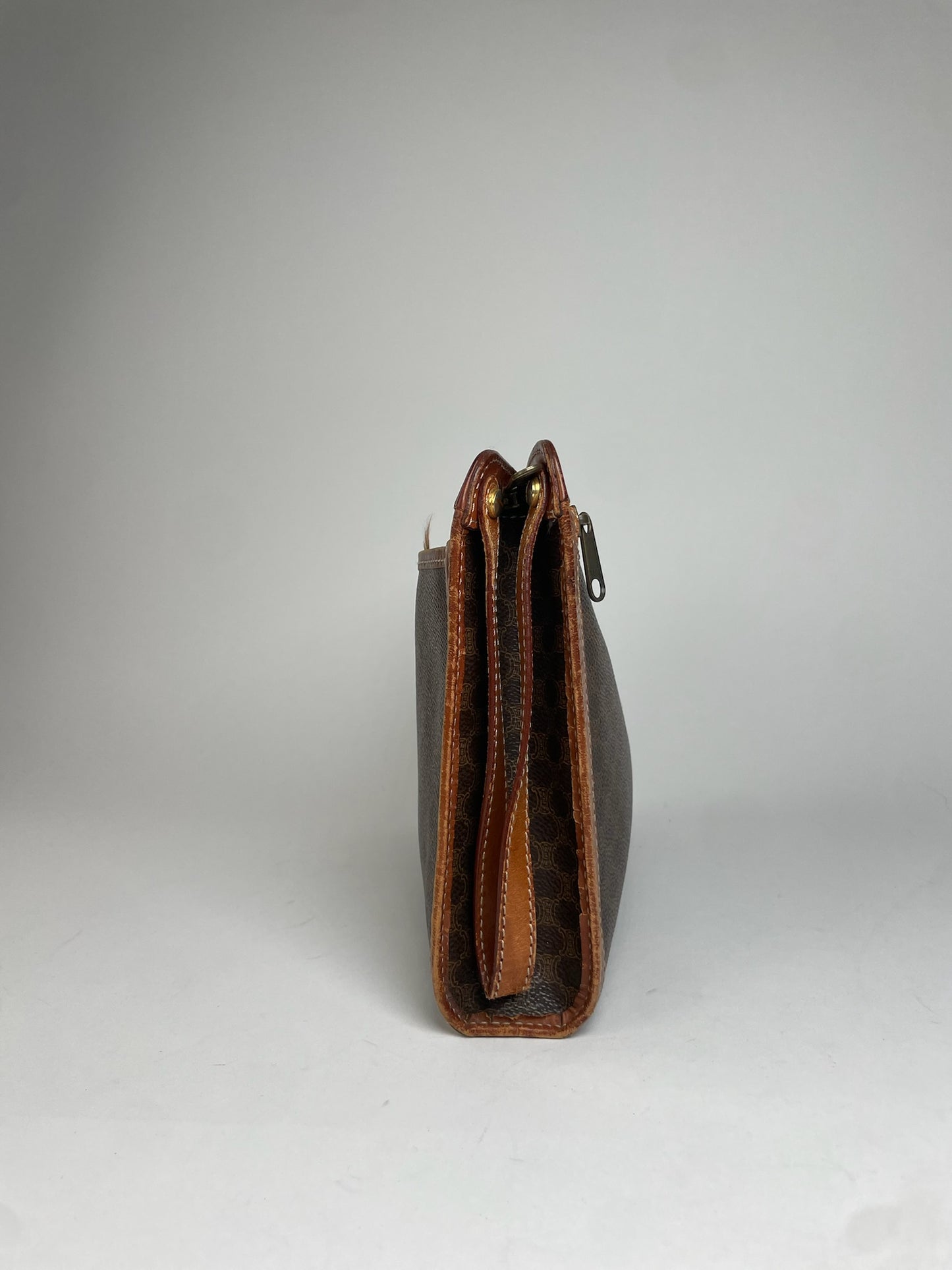 Vintage Celine Paris Triomphe Monogram Leather Clutch Brown