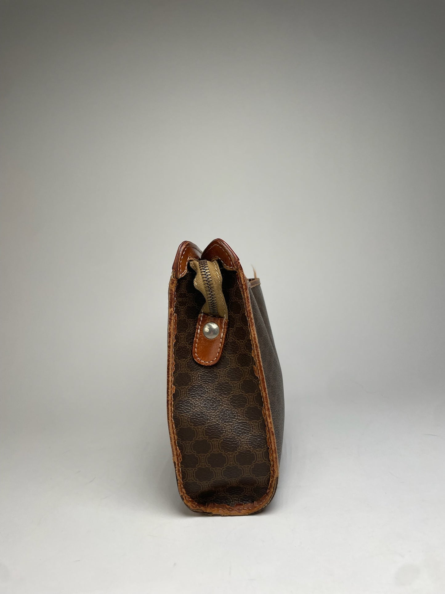 Vintage Celine Paris Triomphe Monogram Leather Clutch Brown