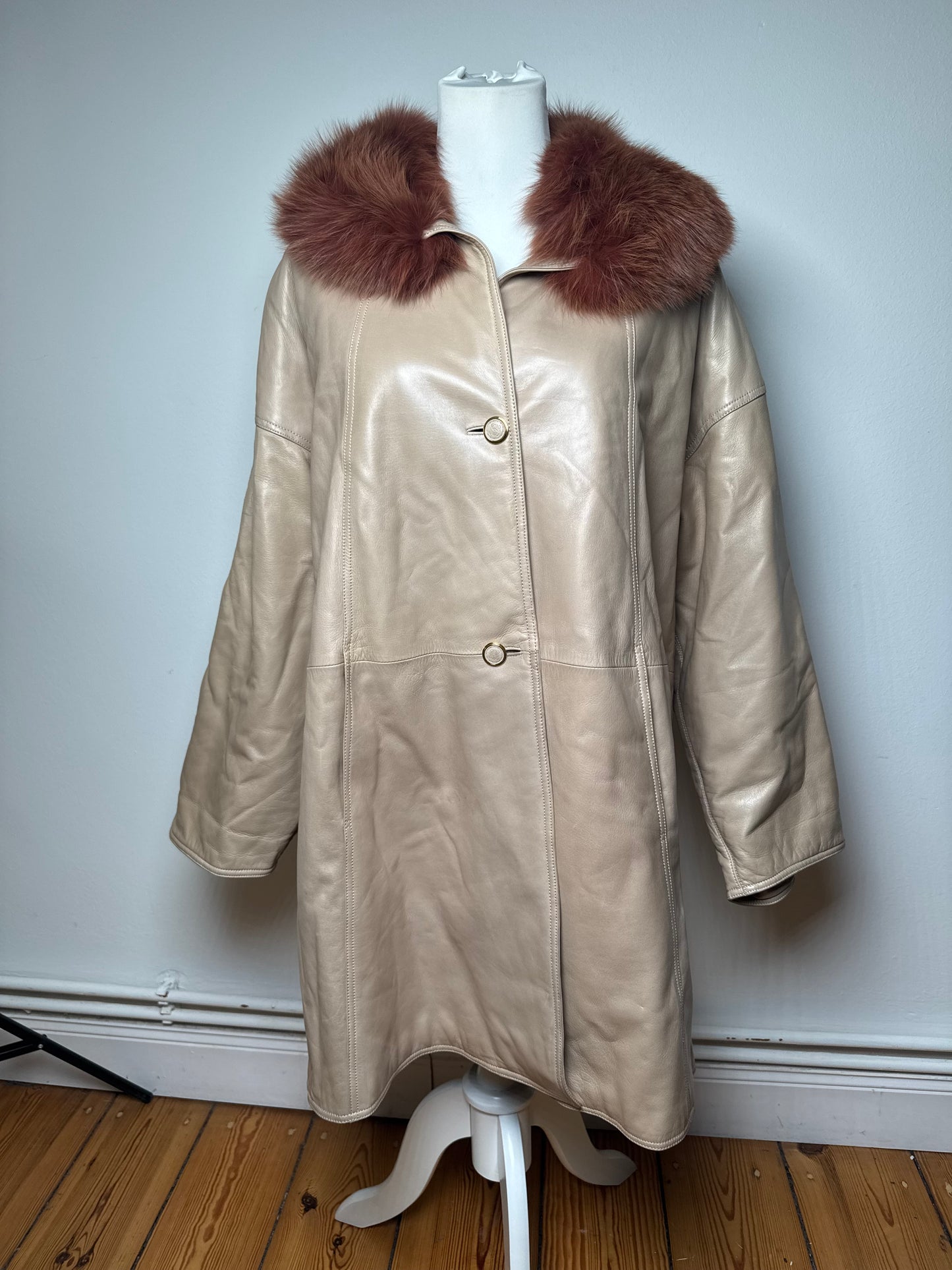 Vintage Loewe Madrid Leather Fur Coat 38/M Beige Brown