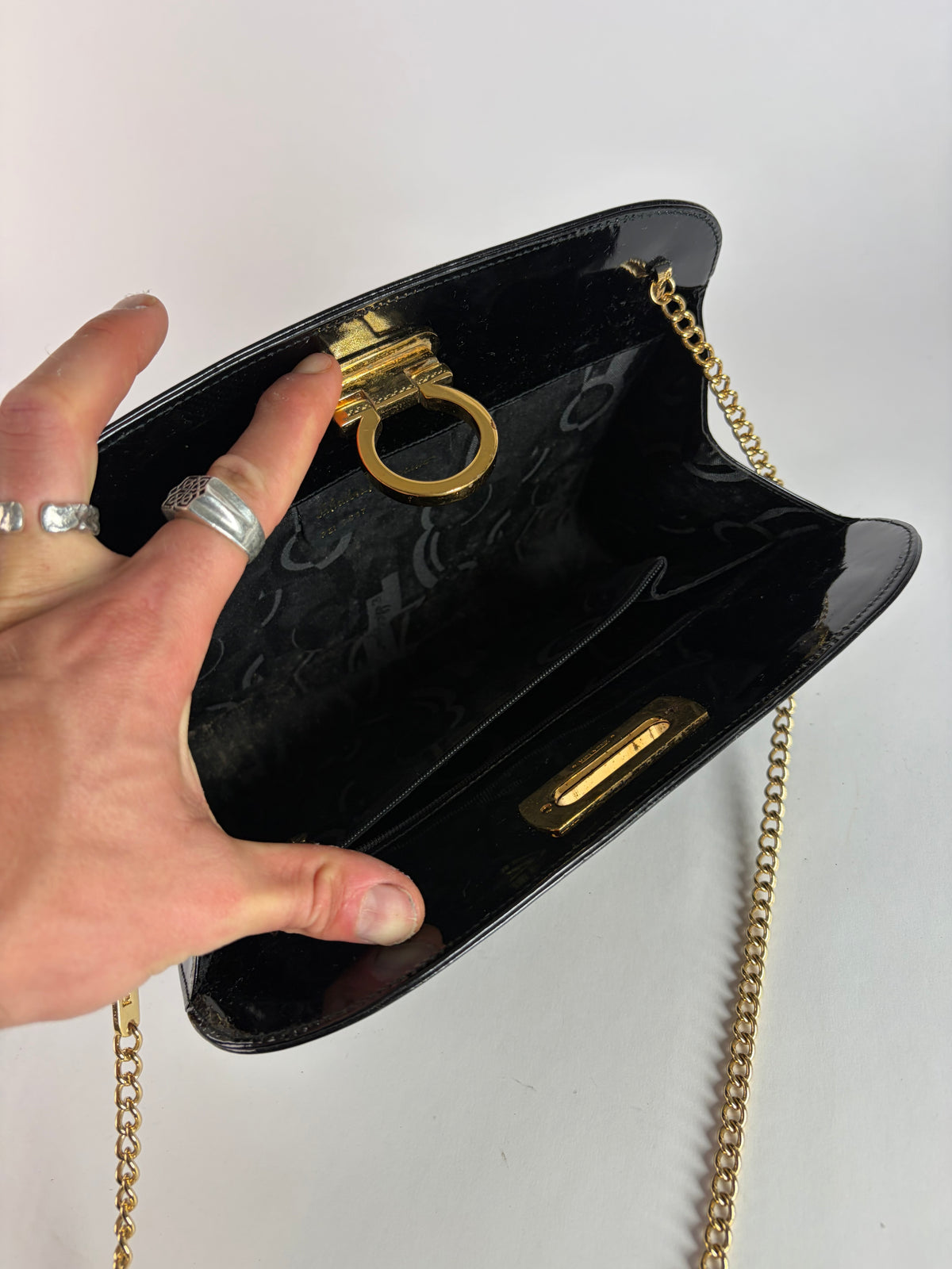 Vintage Salvatore Ferragamo Patent Flap Crossbody Bag Late 1990s Black