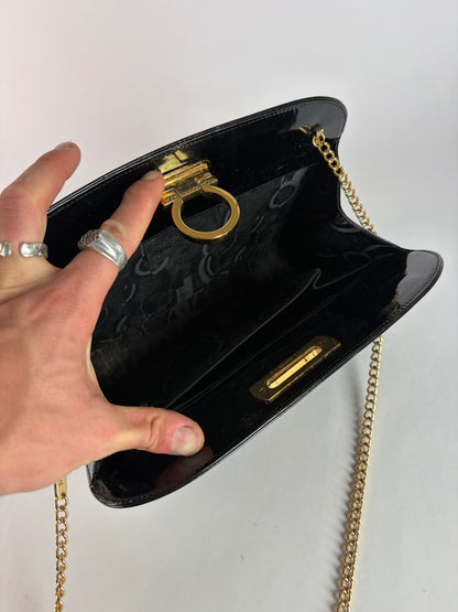 Vintage Salvatore Ferragamo Patent Flap Crossbody Bag Late 1990s Black