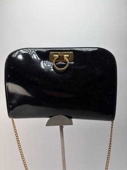Vintage Salvatore Ferragamo Patent Flap Crossbody Bag Late 1990s Black