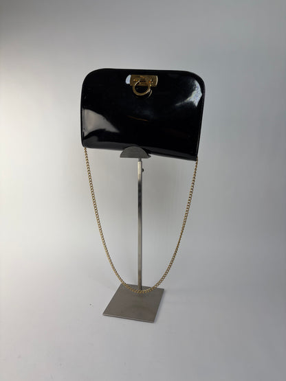 Vintage Salvatore Ferragamo Patent Flap Crossbody Bag Late 1990s Black