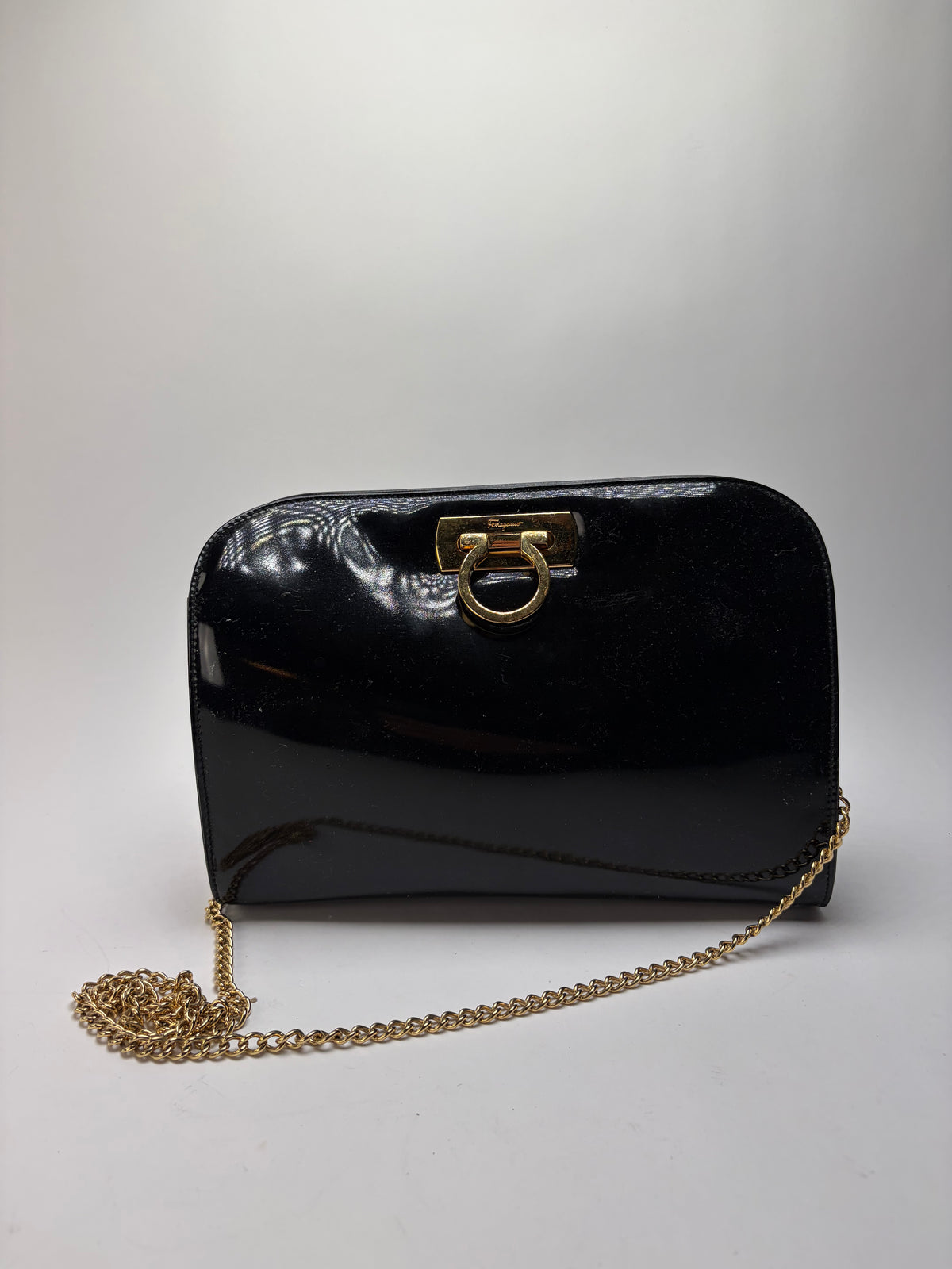 Vintage Salvatore Ferragamo Patent Flap Crossbody Bag Late 1990s Black
