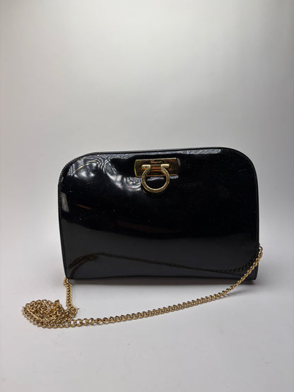 Vintage Salvatore Ferragamo Patent Flap Crossbody Bag Late 1990s Black