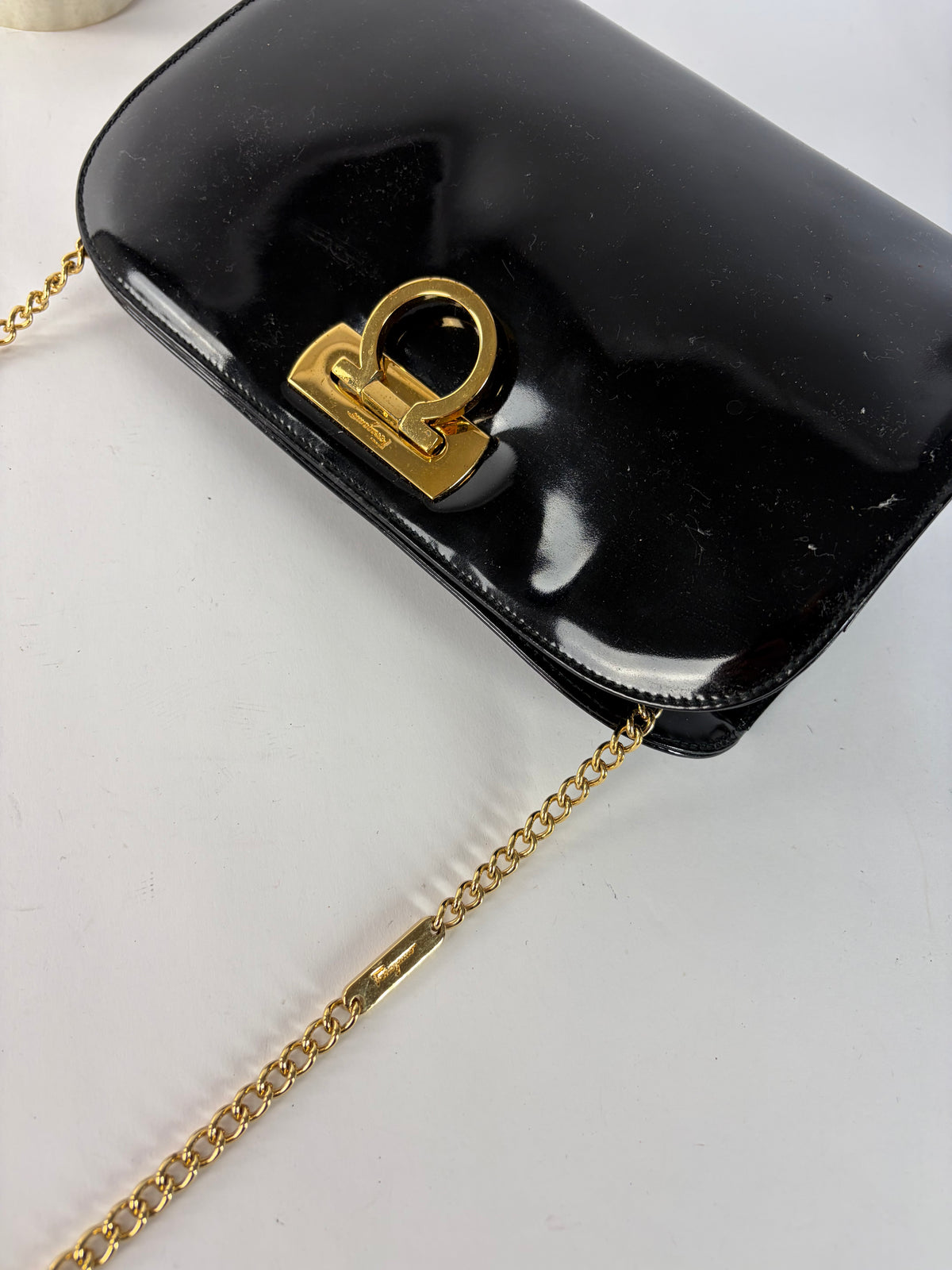 Vintage Salvatore Ferragamo Patent Flap Crossbody Bag Late 1990s Black