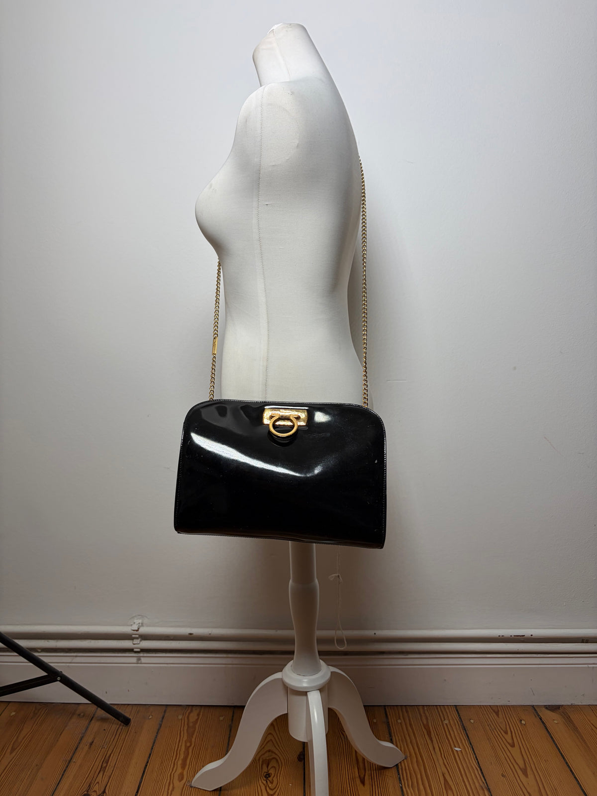 Vintage Salvatore Ferragamo Patent Flap Crossbody Bag Late 1990s Black