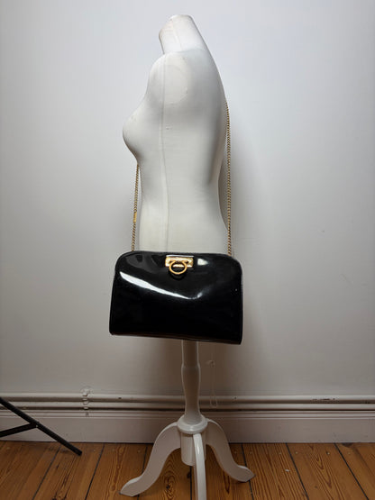 Vintage Salvatore Ferragamo Patent Flap Crossbody Bag Late 1990s Black