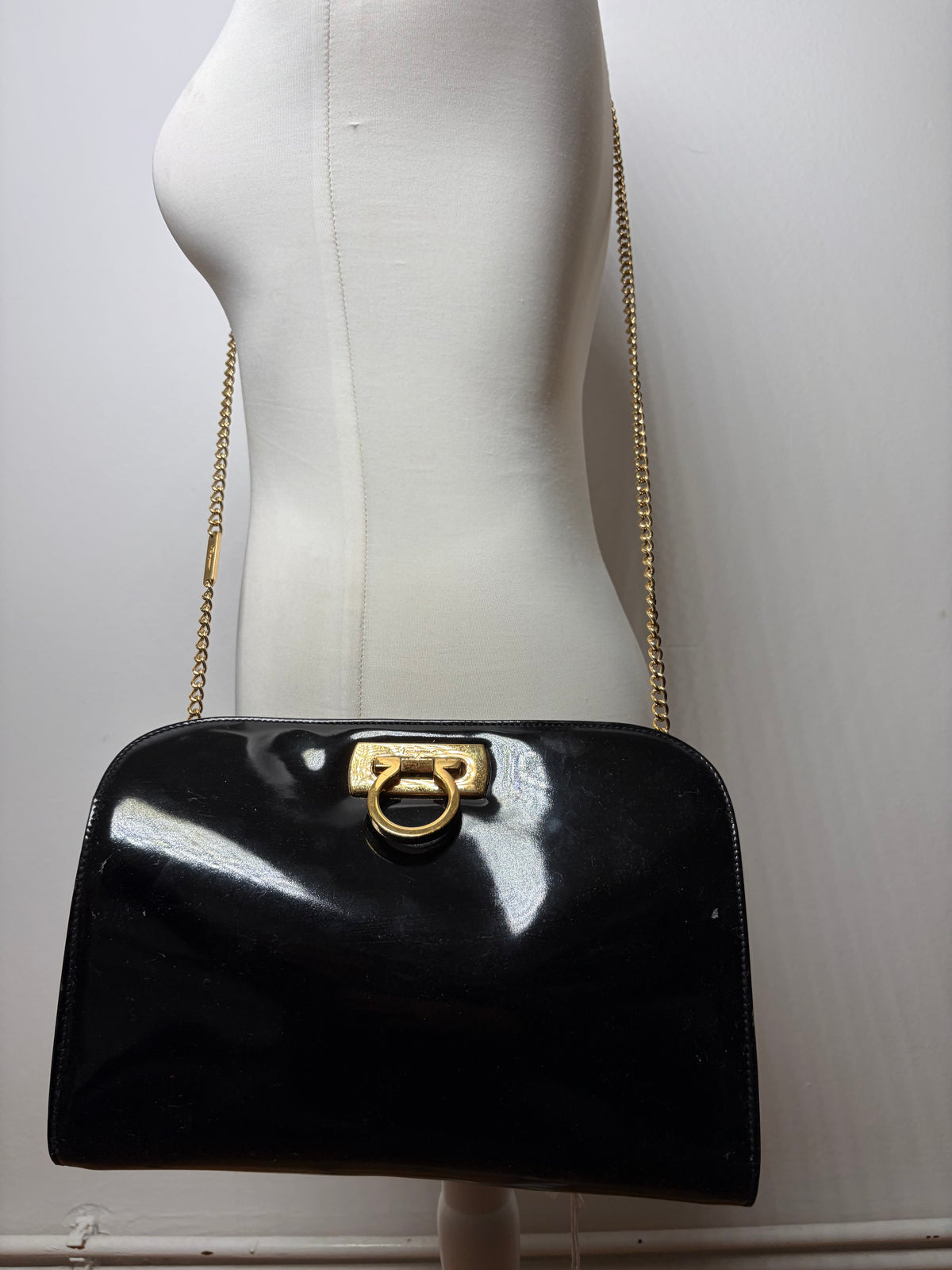 Vintage Salvatore Ferragamo Patent Flap Crossbody Bag Late 1990s Black
