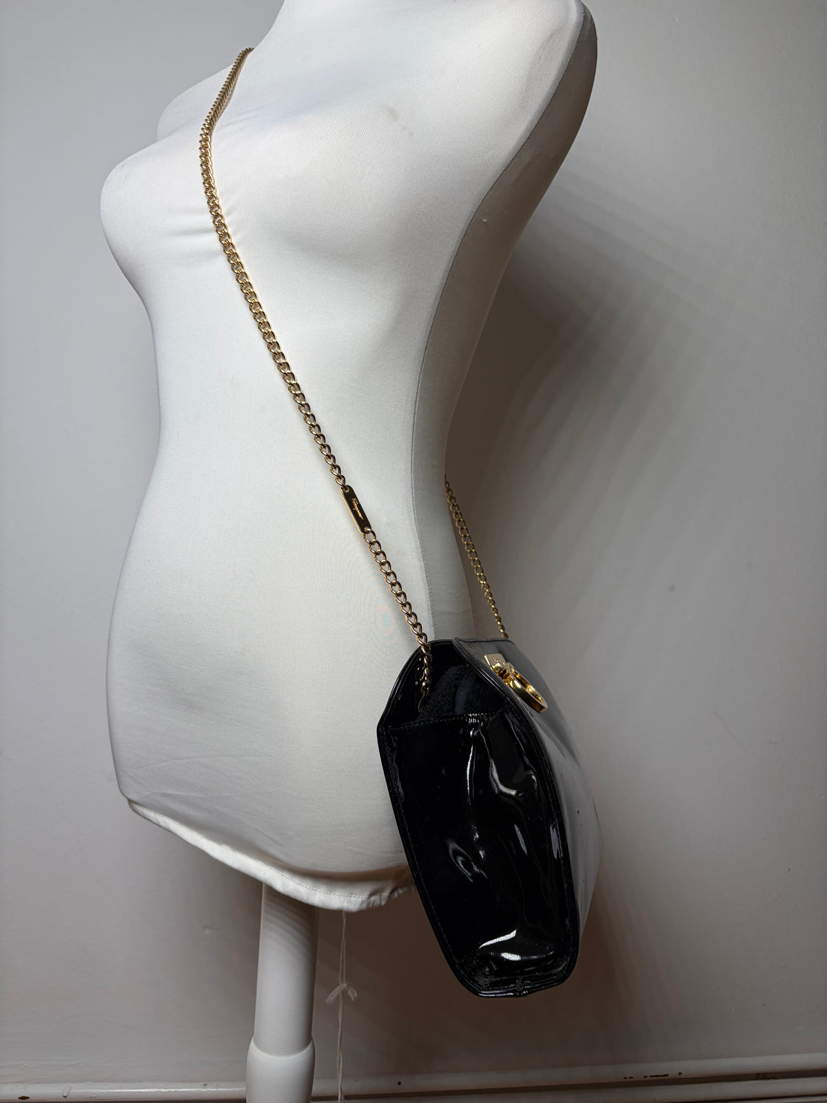 Vintage Salvatore Ferragamo Patent Flap Crossbody Bag Late 1990s Black