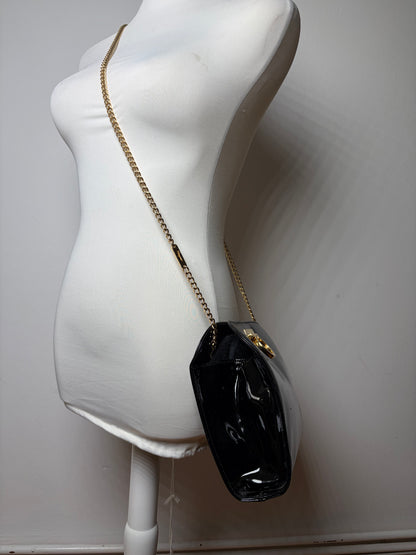 Vintage Salvatore Ferragamo Patent Flap Crossbody Bag Late 1990s Black