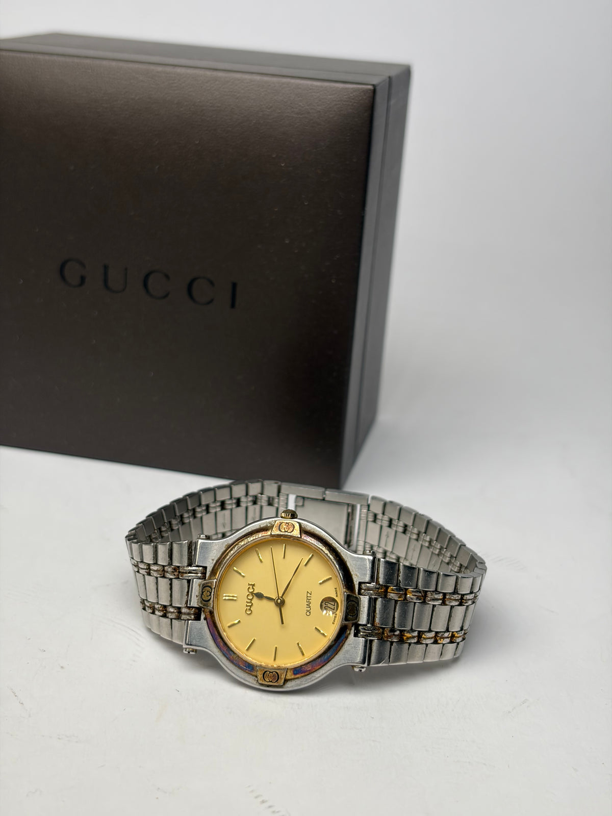 Vintage Gucci Quartz Bracelet Watch Late 1980s Yellow Silver