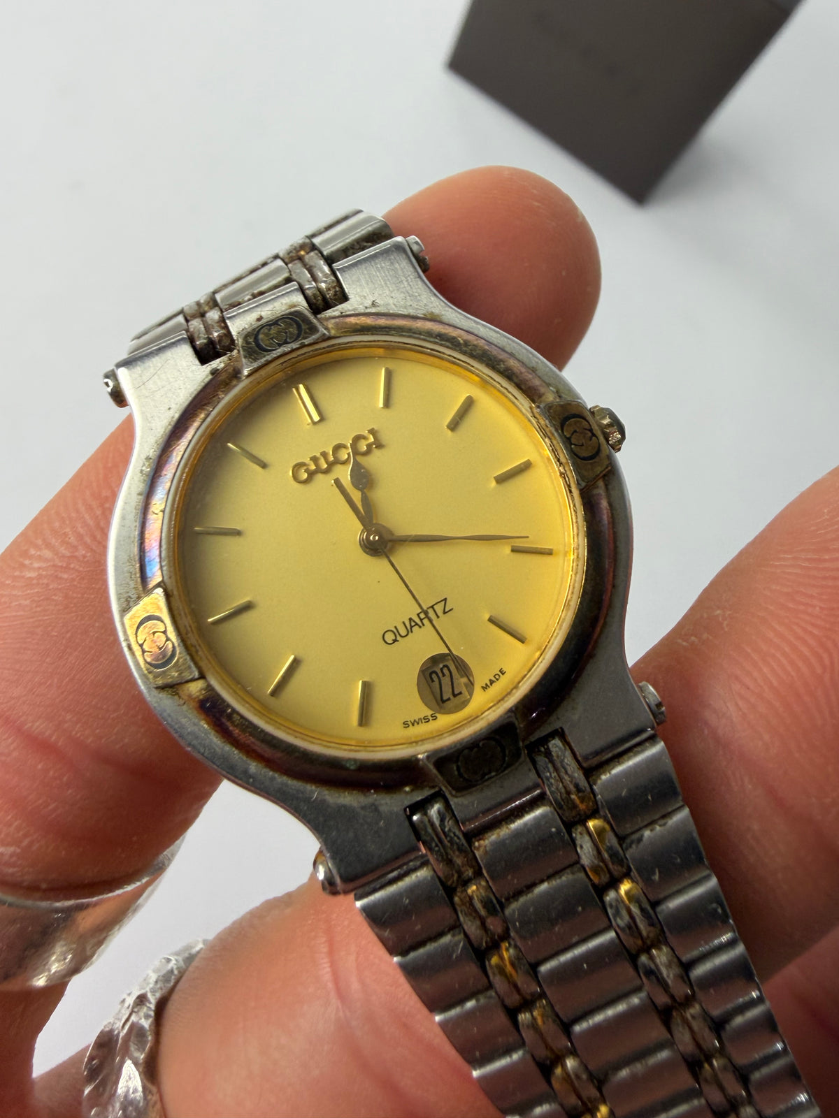 Vintage Gucci Quartz Bracelet Watch Late 1980s Yellow Silver
