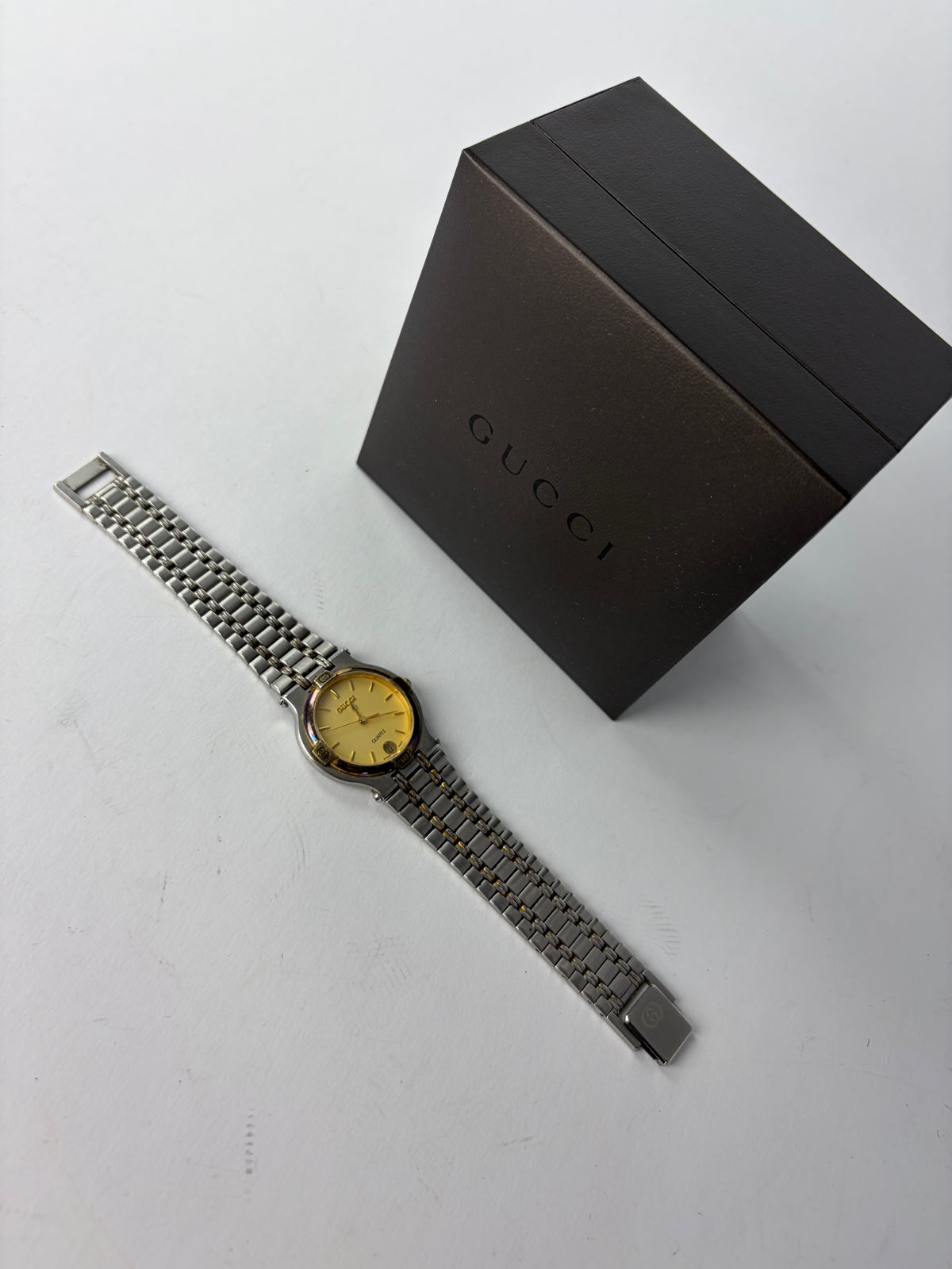 Vintage Gucci Quartz Bracelet Watch Late 1980s Yellow Silver