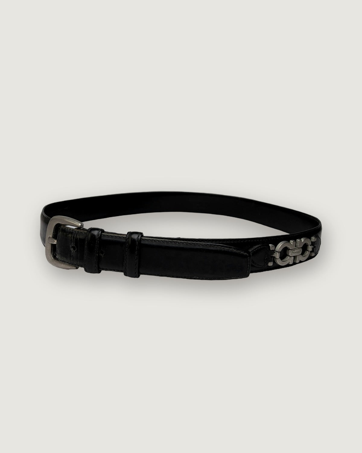 Vintage Salvatore Ferragamo Gancini Leather Belt Late 1990s Black Silver