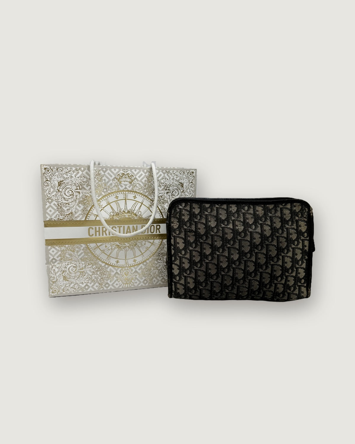 Vintage Dior Oblique Jacquard Zip Pouch Late 1970s Black Beige