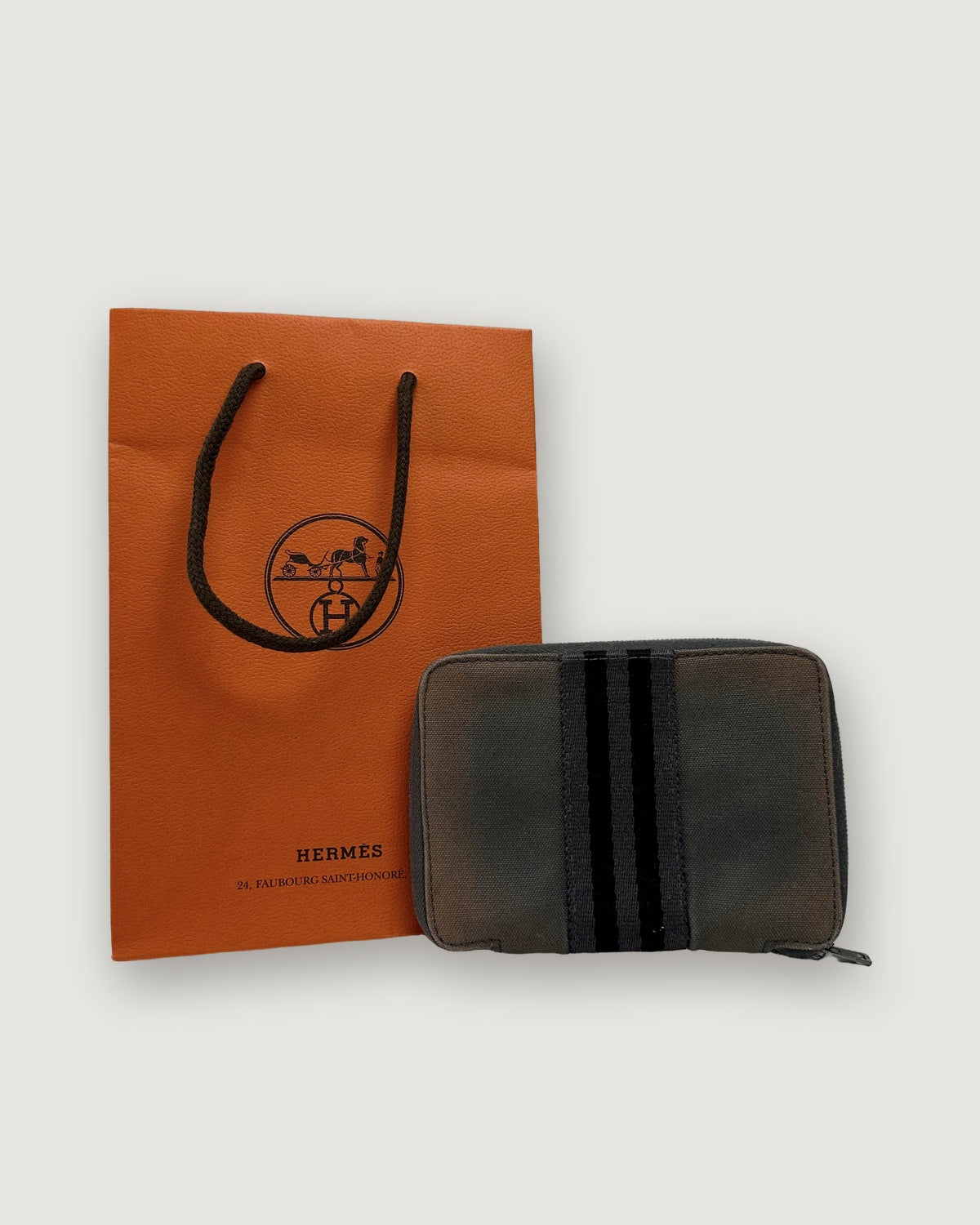 Vintage Hermès Canvas Zip Wallet Tan Grey Black Silver